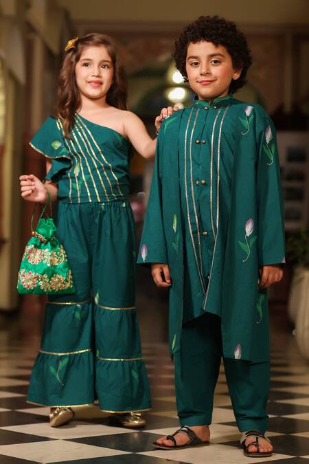 Shop_Cute Couture_Green Poplin, Cotton Gota Patti Embroidered One Shoulder Top And Sharara Set _Online_at_Aza_Fashions