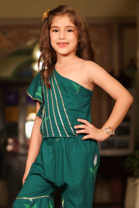 Cute Couture_Green Poplin, Cotton Gota Patti Embroidered One Shoulder Top And Sharara Set _at_Aza_Fashions