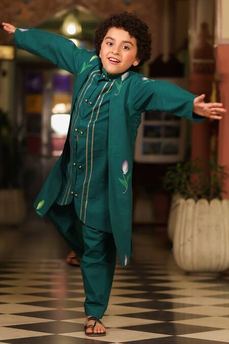 Cute Couture_Green , Satin Gota Patti Embellished Kurta And Pant Set _Online_at_Aza_Fashions