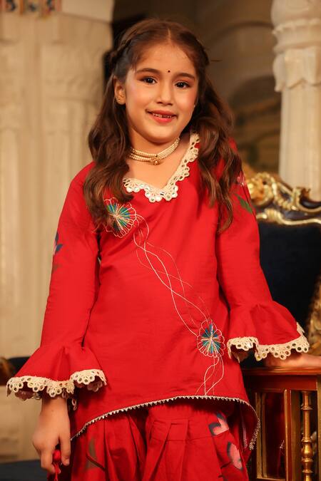 Shop_Cute Couture_Red Cotton, Poplin Beads, Lace, Embroidery Asymmetric Kurta And Dhoti Pant Set _Online_at_Aza_Fashions