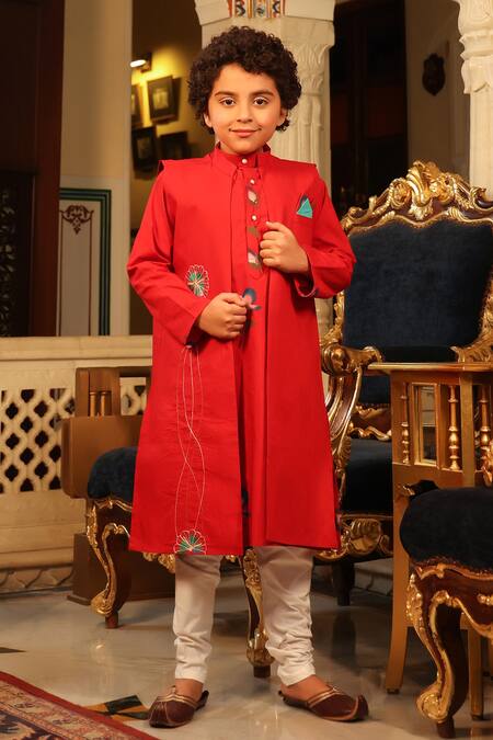 Cute Couture_Red Cotton, Poplin Beads Embroidered Bundi And Kurta Set _Online_at_Aza_Fashions