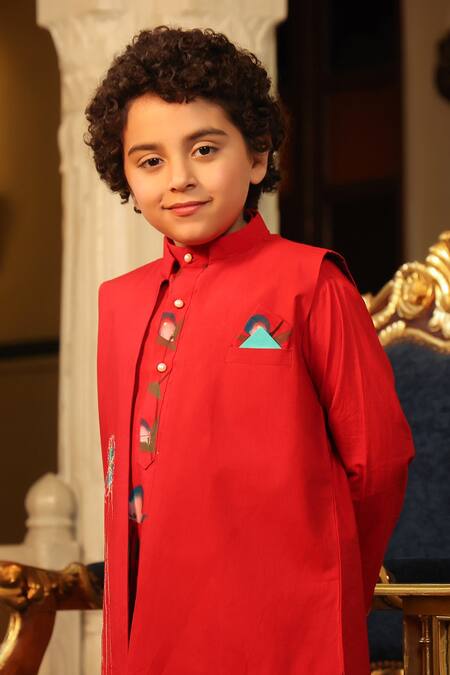 Cute Couture_Red Cotton, Poplin Beads Embroidered Bundi And Kurta Set _at_Aza_Fashions