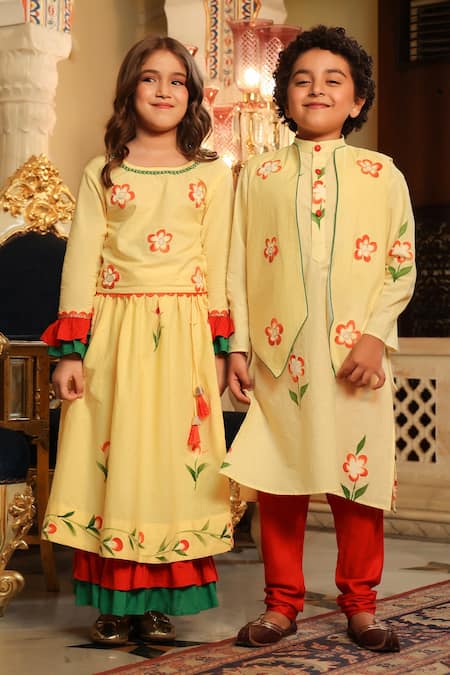 Cute Couture_Yellow Poplin, Cotton Beads, Patchwork Frilled Sleeved Blouse And Lehenga Set _Online_at_Aza_Fashions