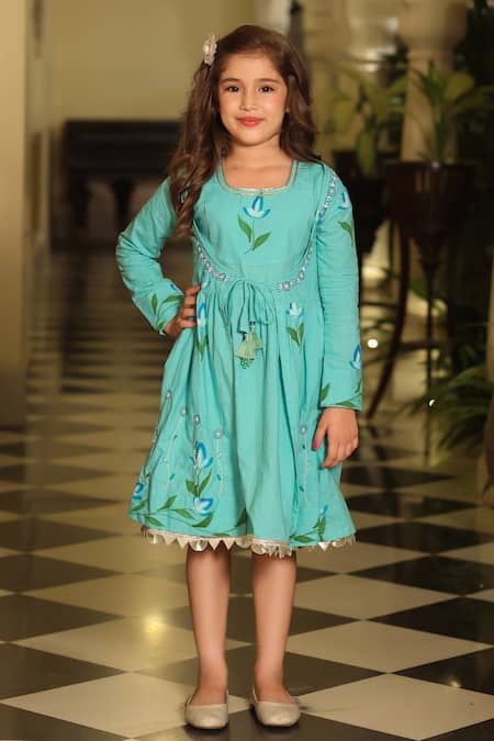 Cute Couture_Blue Poplin, Cotton Embroidery Floral Painted Dress With Cape _Online_at_Aza_Fashions