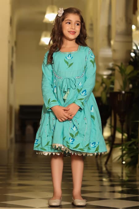 Buy_Cute Couture_Blue Poplin, Cotton Embroidery Floral Painted Dress With Cape _Online_at_Aza_Fashions