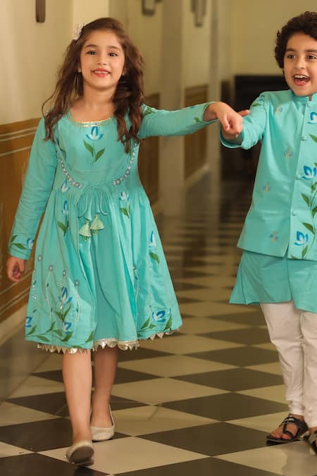 Shop_Cute Couture_Blue Poplin, Cotton Embroidery Floral Painted Dress With Cape _Online_at_Aza_Fashions