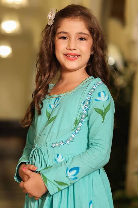 Cute Couture_Blue Poplin, Cotton Embroidery Floral Painted Dress With Cape _at_Aza_Fashions