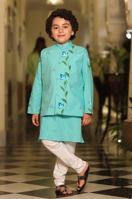 Buy_Cute Couture_Blue Cotton Embroidery Turquoise Floral Bundi And Kurta Set _Online_at_Aza_Fashions