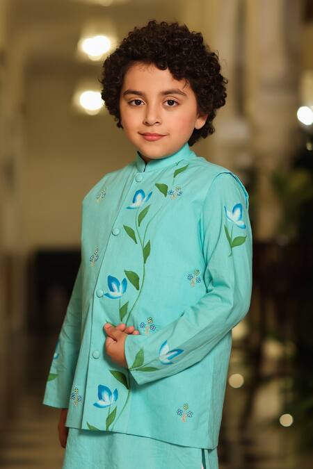Cute Couture_Blue Cotton Embroidery Turquoise Floral Bundi And Kurta Set _at_Aza_Fashions