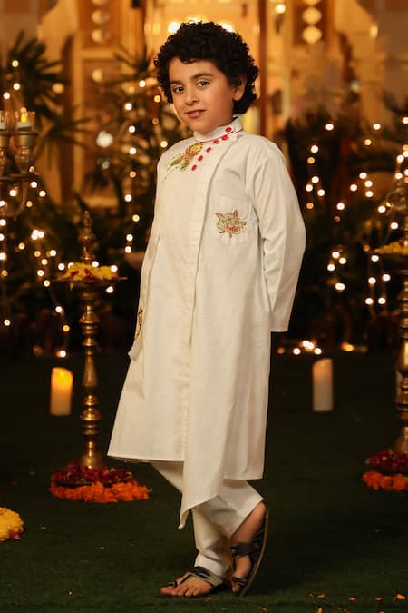 Cute Couture_White Organza, Poplin Sequins Overlap Kurta And Pant Set _Online_at_Aza_Fashions