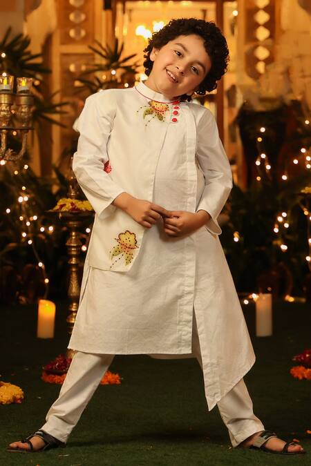 Buy_Cute Couture_White Organza, Poplin Sequins Overlap Kurta And Pant Set _Online_at_Aza_Fashions