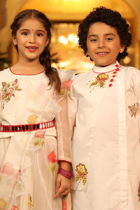 Shop_Cute Couture_White Organza, Poplin Sequins Overlap Kurta And Pant Set _Online_at_Aza_Fashions