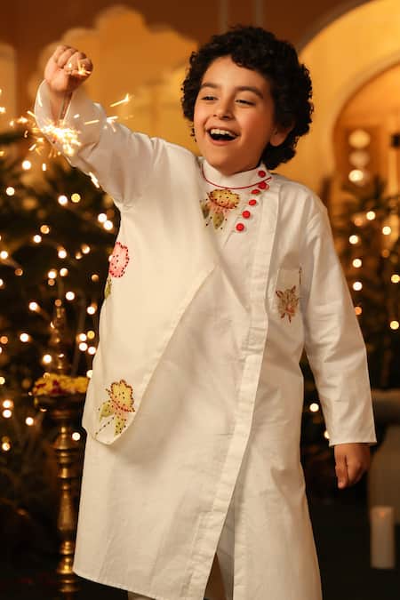 Cute Couture_White Organza, Poplin Sequins Overlap Kurta And Pant Set _at_Aza_Fashions