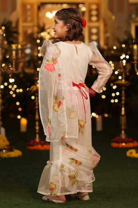 Shop_Cute Couture_White Organza, Poplin Embroidery Floral Painted Ruffle Saree With Blouse _at_Aza_Fashions