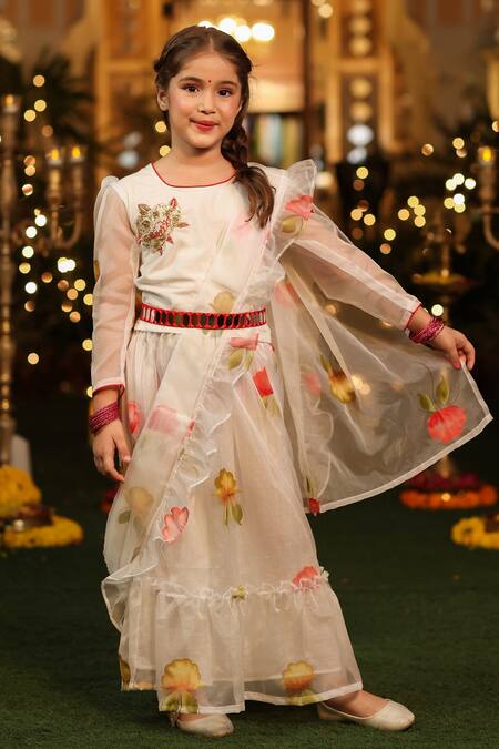 Cute Couture_White Organza, Poplin Embroidery Floral Painted Ruffle Saree With Blouse _Online_at_Aza_Fashions