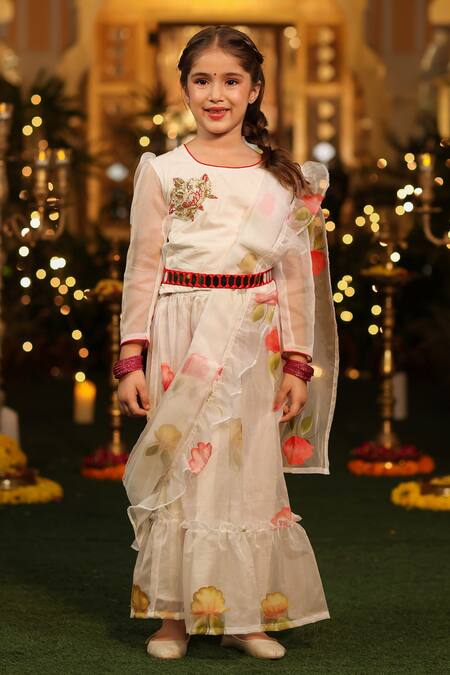 Buy_Cute Couture_White Organza, Poplin Embroidery Floral Painted Ruffle Saree With Blouse _Online_at_Aza_Fashions