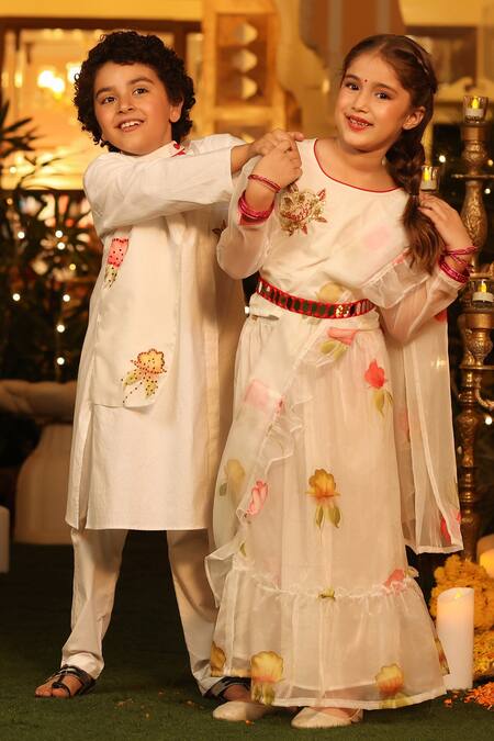 Shop_Cute Couture_White Organza, Poplin Embroidery Floral Painted Ruffle Saree With Blouse _Online_at_Aza_Fashions