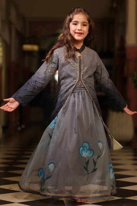 Cute Couture_Grey Organza Sequins, Embroidery Jacket And Lehenga Set _Online_at_Aza_Fashions
