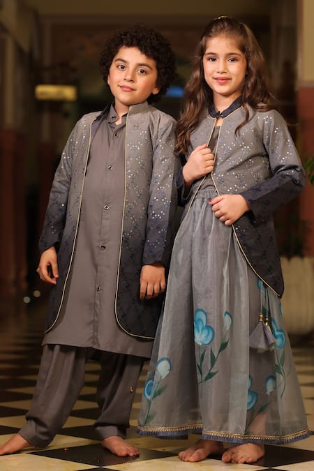 Shop_Cute Couture_Grey Organza Sequins, Embroidery Jacket And Lehenga Set _Online_at_Aza_Fashions