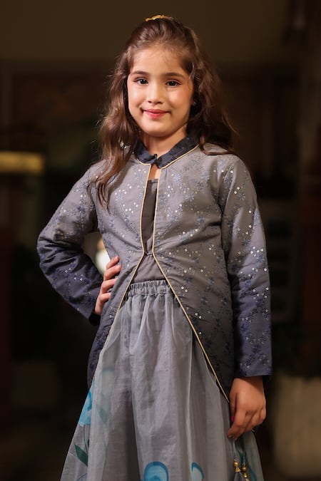 Cute Couture_Grey Organza Sequins, Embroidery Jacket And Lehenga Set _at_Aza_Fashions