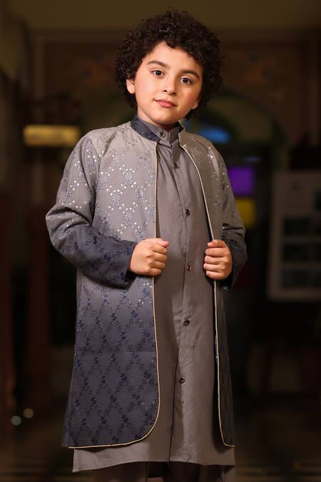 Shop_Cute Couture_Grey Rayon Sequins Embroidered Jacket And Kurta Set _Online_at_Aza_Fashions
