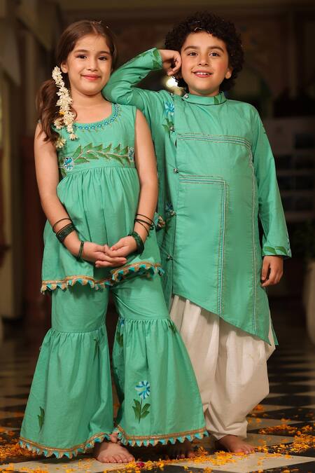 Shop_Cute Couture_Green Poplin, Cotton Embroidery Floral Embellished Kurta And Sharara Set _Online_at_Aza_Fashions