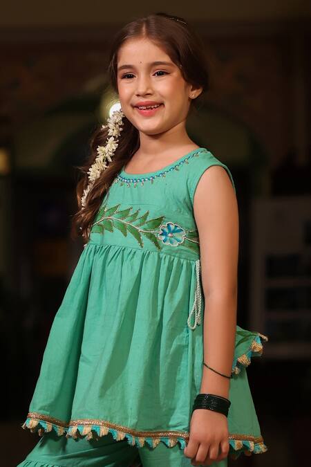 Cute Couture_Green Poplin, Cotton Embroidery Floral Embellished Kurta And Sharara Set _at_Aza_Fashions