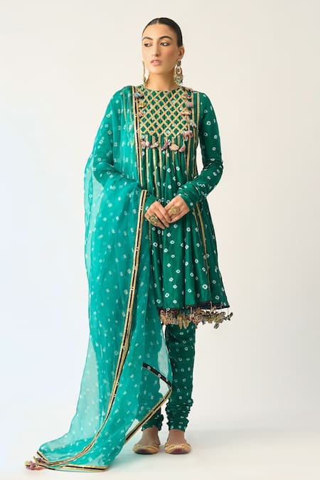 Itrh Green Silk Chanderi Striped Round Avani Bandhani Pattern Anarkali Set