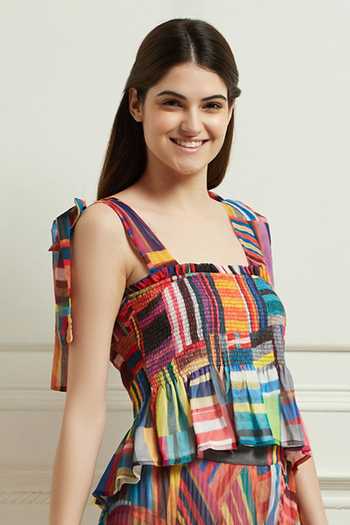 Shop RANNA GILL Multi Color Chiffon Printed Geometric Motifs Square Neck Top Online at Aza Fashions Shop_RANNA GILL_Multi Color Chiffon Printed Geometric Motifs Square Neck Top _Online_at_Aza_Fashions