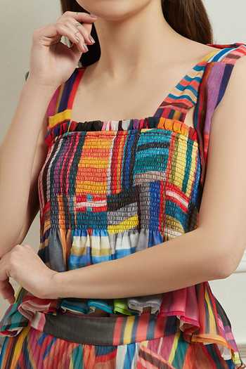 RANNA GILL Multi Color Chiffon Printed Geometric Motifs Square Neck Top at Aza Fashions RANNA GILL_Multi Color Chiffon Printed Geometric Motifs Square Neck Top _at_Aza_Fashions