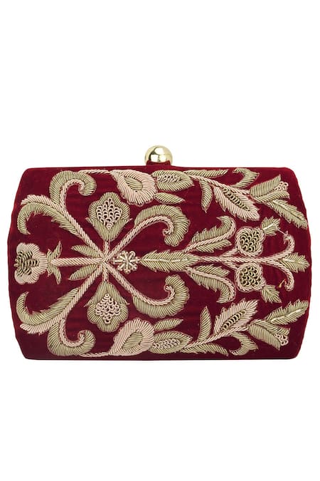 Clutch'D Maroon Embroidered Velvet Clutch With Sling 