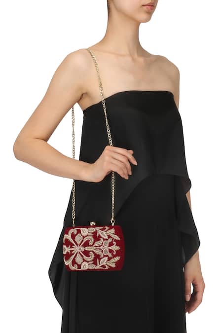 Shop ClutcH'D Maroon Embroidery Velvet Clutch With Sling at Aza Fashions Shop_ClutcH'D_Maroon Embroidery Velvet Clutch With Sling _at_Aza_Fashions