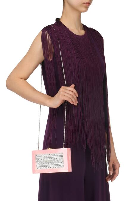 Shop ClutcH'D Pink Embroidery Resin Box Clutch With Sling at Aza Fashions Shop_ClutcH'D_Pink Embroidery Resin Box Clutch With Sling _at_Aza_Fashions