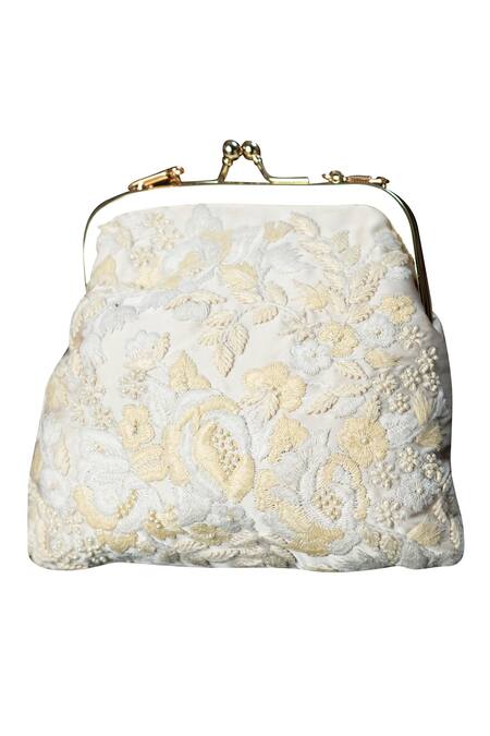 ClutcH'D White Embroidery Velvet Clutch With Sling Online at Aza Fashions ClutcH'D_White Embroidery Velvet Clutch With Sling _Online_at_Aza_Fashions