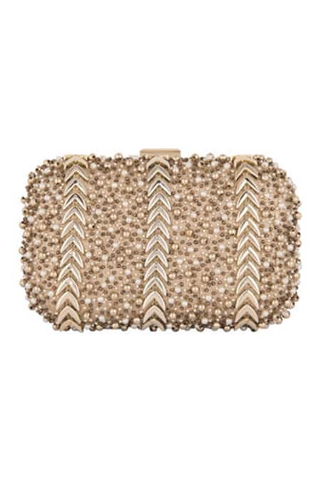 Clutch'D Gold Embroidered Velvet Box Clutch With Sling 