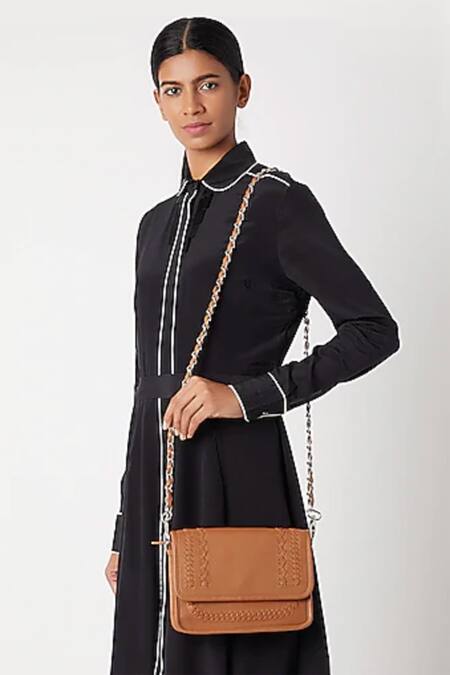 ClutcH'D Brown Woven Flap Clutch With Chain Sling Online at Aza Fashions ClutcH'D_Brown Woven Flap Clutch With Chain Sling _Online_at_Aza_Fashions