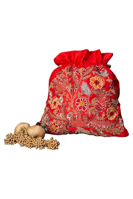 Shop ClutcH'D Red Embroidery, Beads Silk Potli Bag at Aza Fashions Shop_ClutcH'D_Red Embroidery, Beads Silk Potli Bag _at_Aza_Fashions