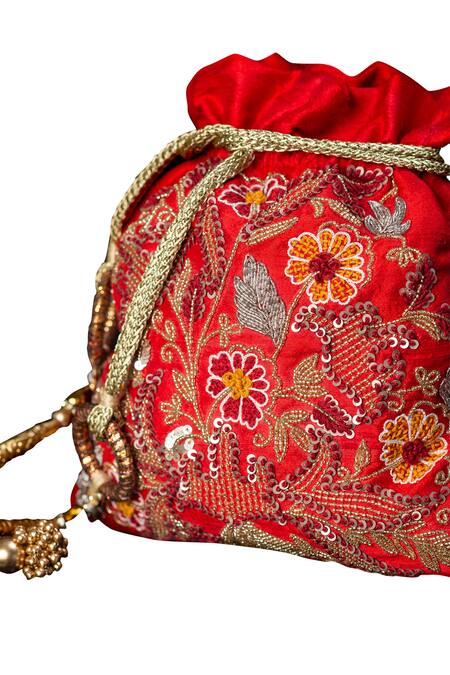 ClutcH'D Red Embroidery, Beads Silk Potli Bag Online at Aza Fashions ClutcH'D_Red Embroidery, Beads Silk Potli Bag _Online_at_Aza_Fashions