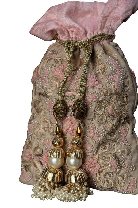 ClutcH'D_Pink Embroidery, Beads Velvet Potli Bag _Online_at_Aza_Fashions