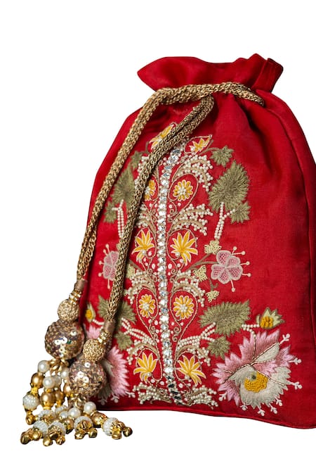 ClutcH'D_Red Embroidery, Beads Floral Potli Bag _Online_at_Aza_Fashions