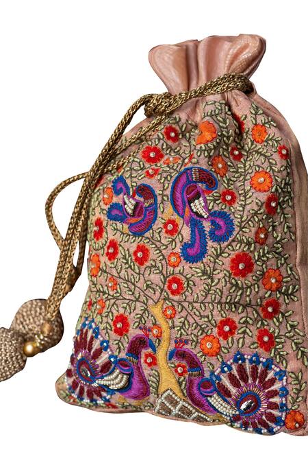ClutcH'D_Pink Embroidery, Tassels Floral Potli Bag _Online_at_Aza_Fashions