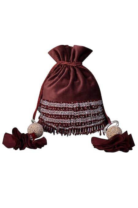 Clutch'D Maroon Embroidered Velvet Tassel Potli Bag 