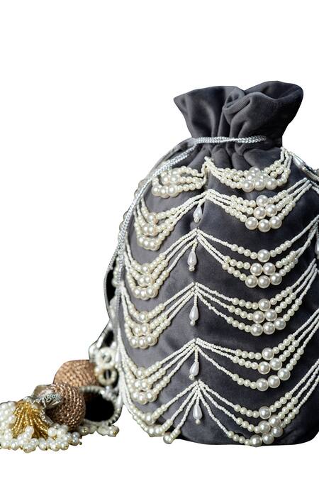 ClutcH'D_Grey Pearls, Tassels Velvet Potli Bag _Online_at_Aza_Fashions