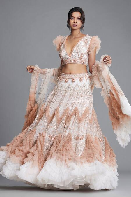 Buy Cherie D White Silk, Tulle V Neck Ruffle Embroidered Lehenga Set Online at Aza Fashions Buy_Cherie D_White Silk, Tulle V Neck Ruffle Embroidered Lehenga Set _Online_at_Aza_Fashions