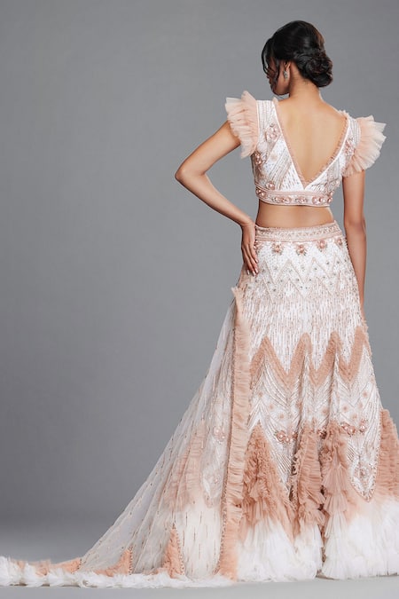 Shop Cherie D White Silk, Tulle V Neck Ruffle Embroidered Lehenga Set at Aza Fashions Shop_Cherie D_White Silk, Tulle V Neck Ruffle Embroidered Lehenga Set _at_Aza_Fashions