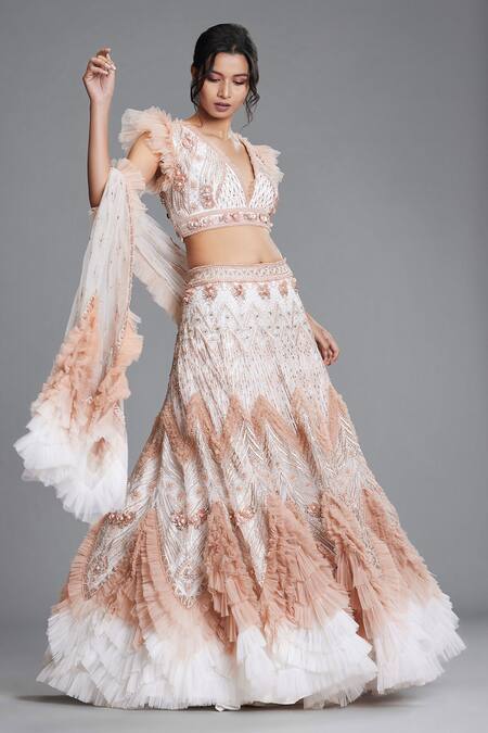Cherie D White Silk, Tulle V Neck Ruffle Embroidered Lehenga Set Online at Aza Fashions Cherie D_White Silk, Tulle V Neck Ruffle Embroidered Lehenga Set _Online_at_Aza_Fashions