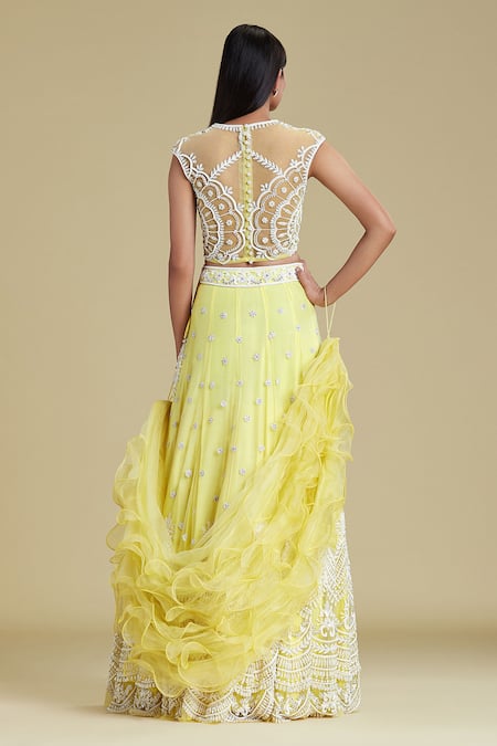 Shop Cherie D Yellow Silk, Tulle Round Embroidered Lehenga Set at Aza Fashions Shop_Cherie D_Yellow Silk, Tulle Round Embroidered Lehenga Set _at_Aza_Fashions