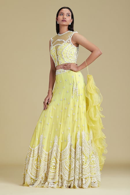 Cherie D Yellow Silk, Tulle Round Embroidered Lehenga Set Online at Aza Fashions Cherie D_Yellow Silk, Tulle Round Embroidered Lehenga Set _Online_at_Aza_Fashions
