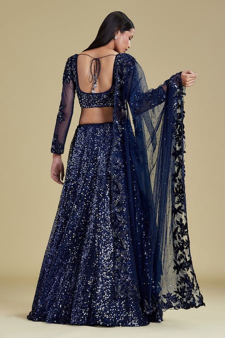 Shop Cherie D Blue Silk, Tulle Scoop Neck Embroidered Bridal Lehenga Set at Aza Fashions Shop_Cherie D_Blue Silk, Tulle Scoop Neck Embroidered Bridal Lehenga Set _at_Aza_Fashions