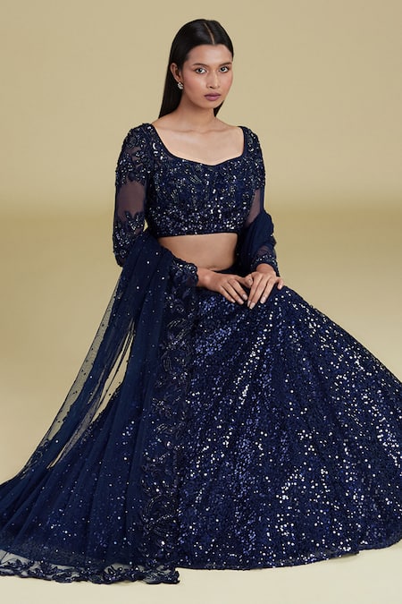 Cherie D Blue Silk, Tulle Scoop Neck Embroidered Bridal Lehenga Set Online at Aza Fashions Cherie D_Blue Silk, Tulle Scoop Neck Embroidered Bridal Lehenga Set _Online_at_Aza_Fashions